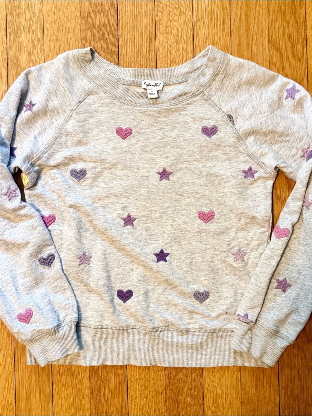 Splendid Gray Sweatshirt with Pink & Purple Heart and Star Embroidery Girls 12